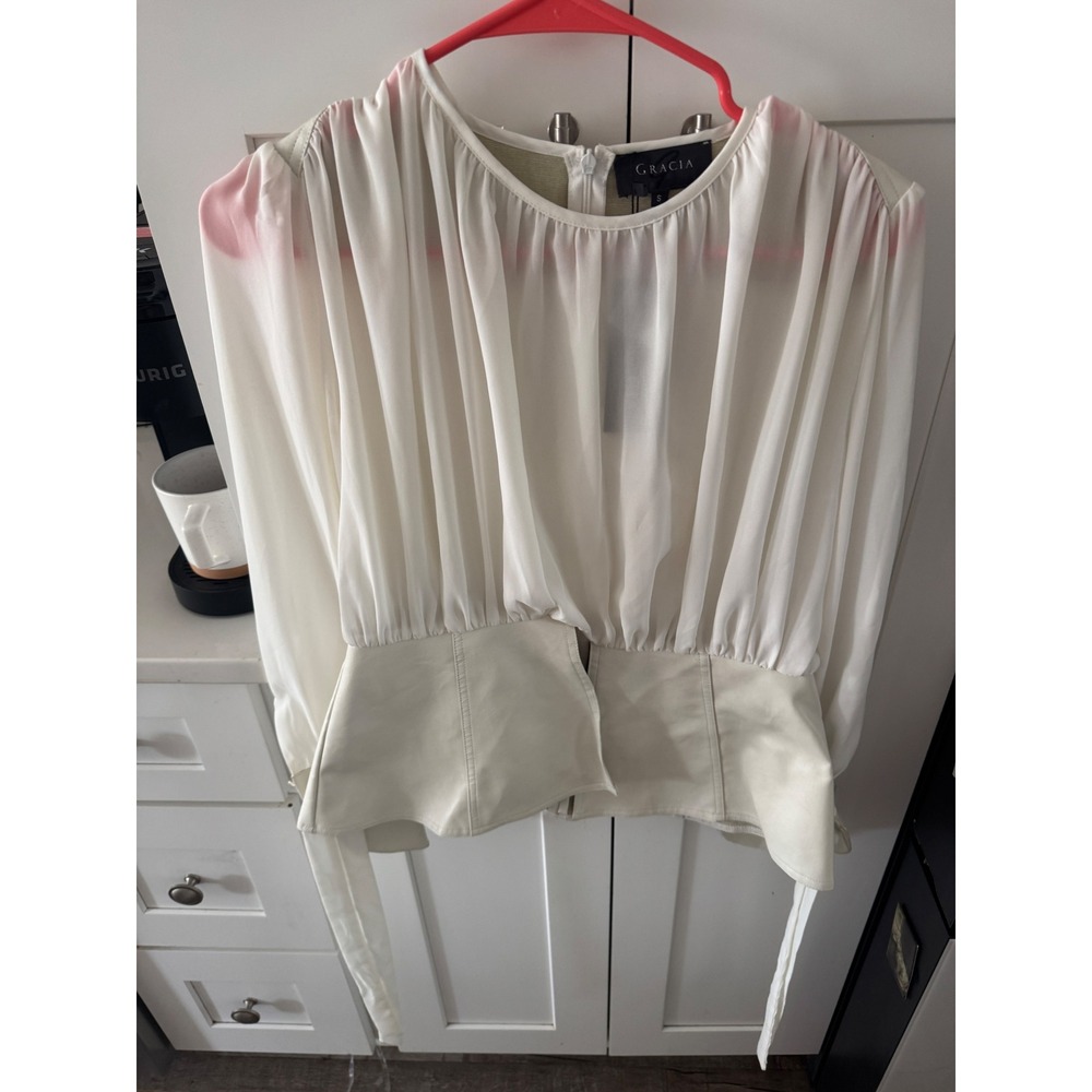 Gracia White Chiffon Faux Leather Corset Waist Blouse Top Small NWT